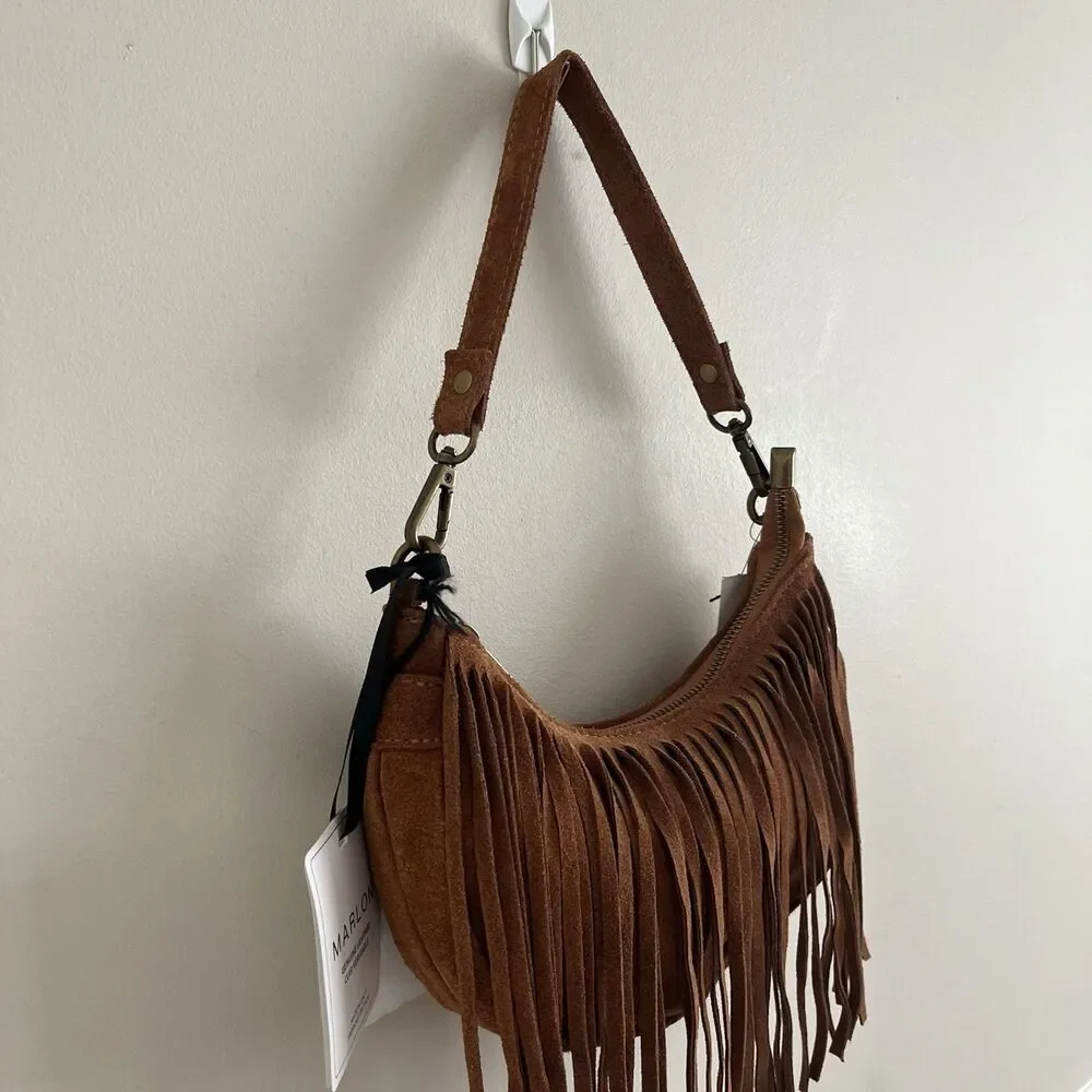 NWT Marlon Italy Suede Fringe Crescent Hobo Bag Brown Western Cowgirl Festival